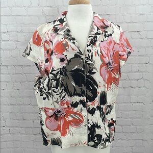Floral Print Multicolor Yarns & Stitches 100% Linen Button Short Sleeve Top